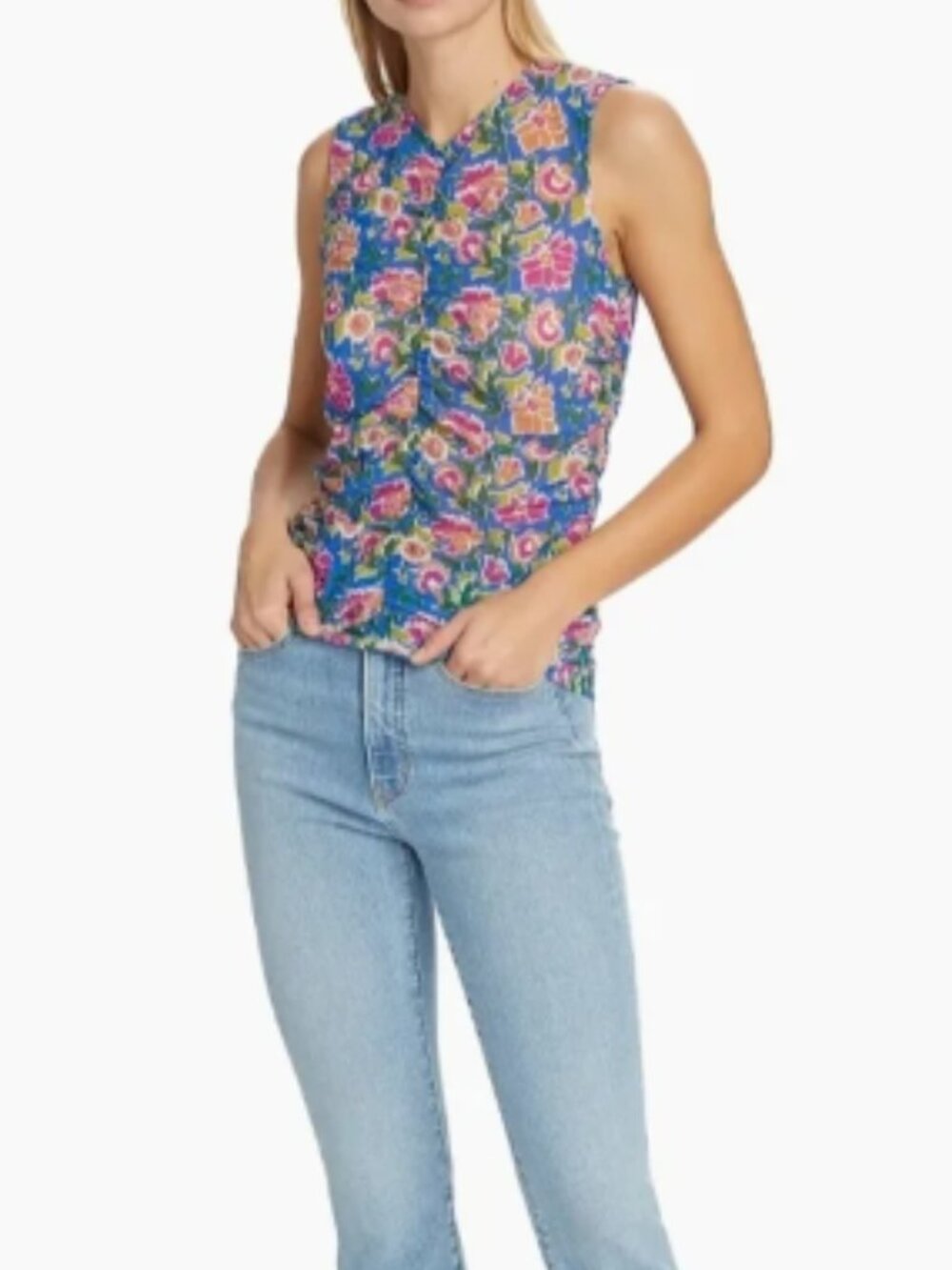 Veronica Beard Tazmin Mesh Nylon Ruched Floral Sleeveless Sheer Top Size 10